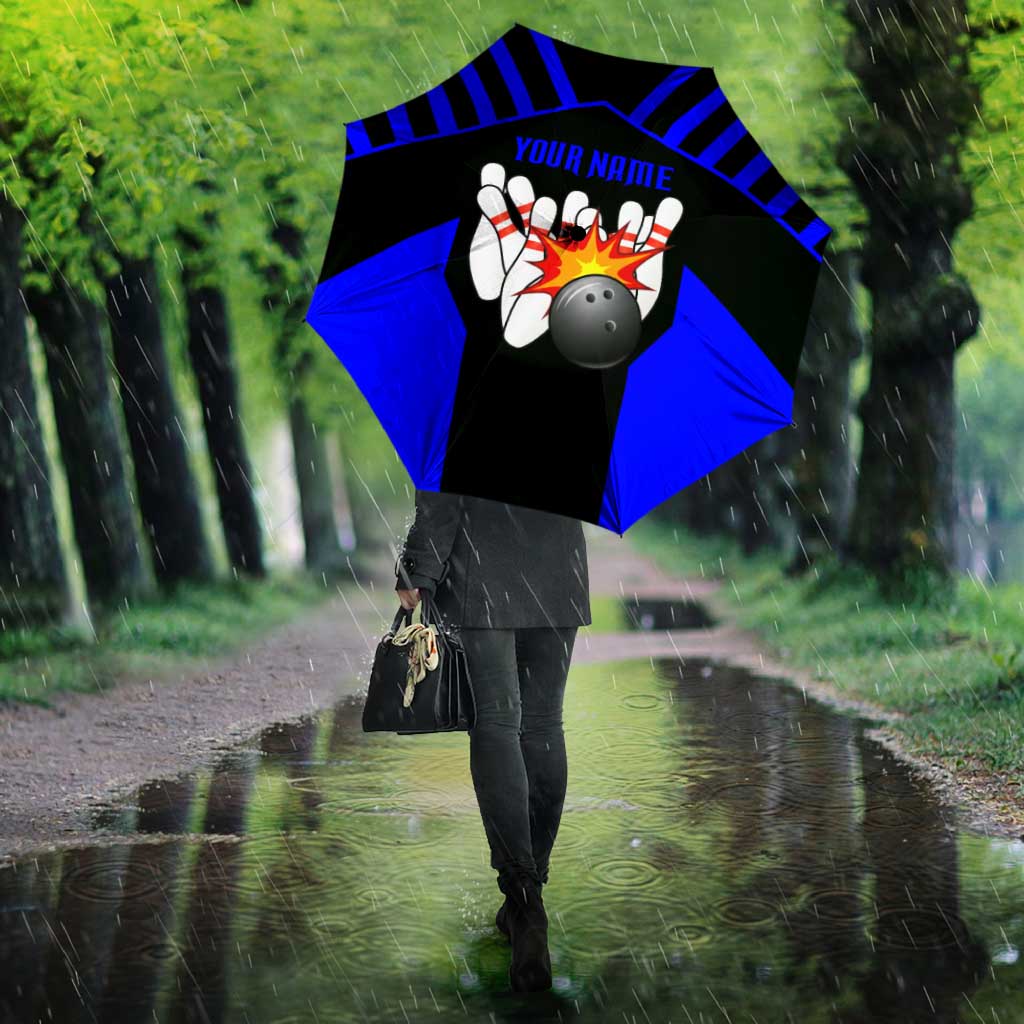 Custom Blue and Black Bowling Umbrella with Exploding Strike Design Pin Graphics - Wonder Print Shop