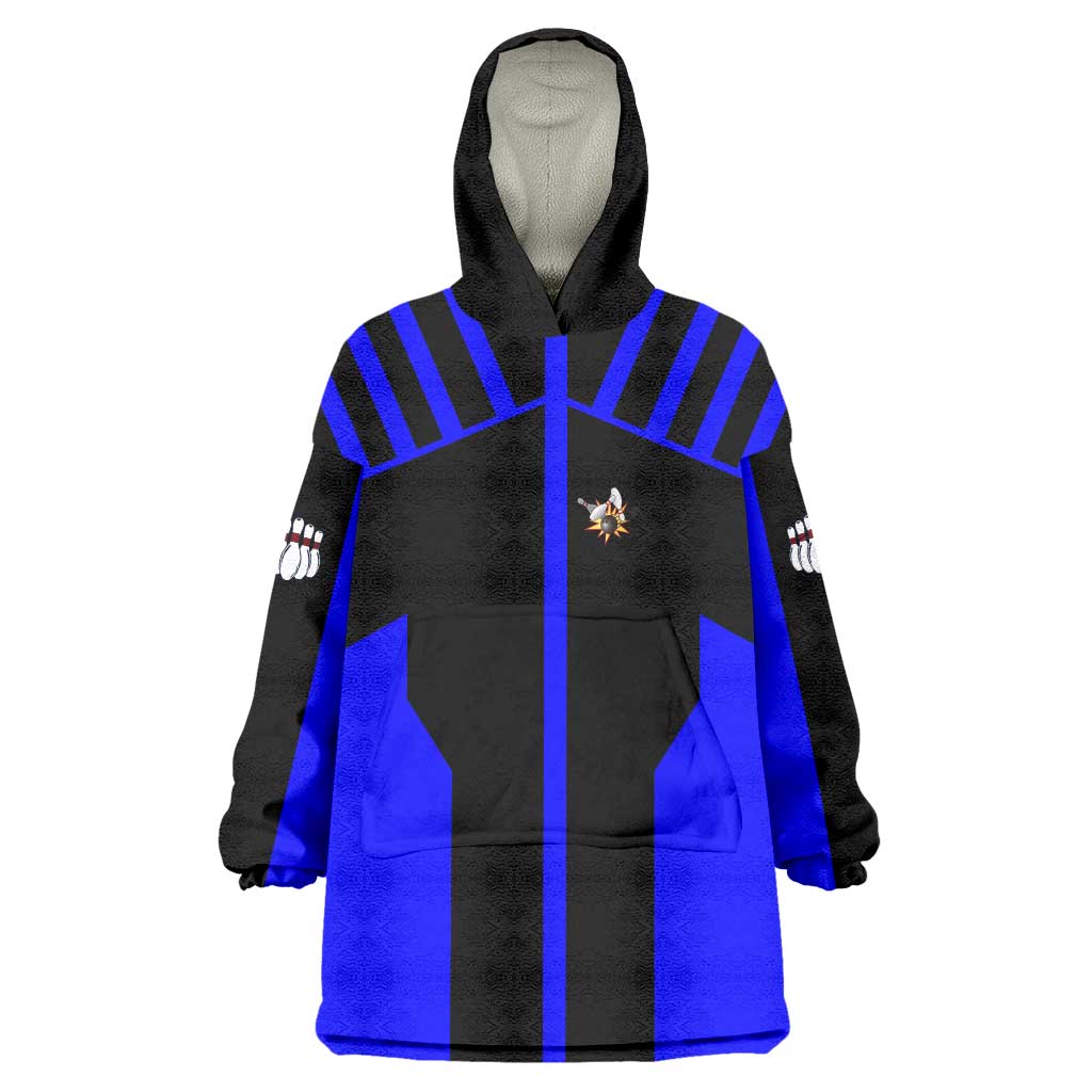 Custom Blue and Black Bowling Wearable Blanket Hoodie with Exploding Strike Design Pin Graphics - Wonder Print Shop