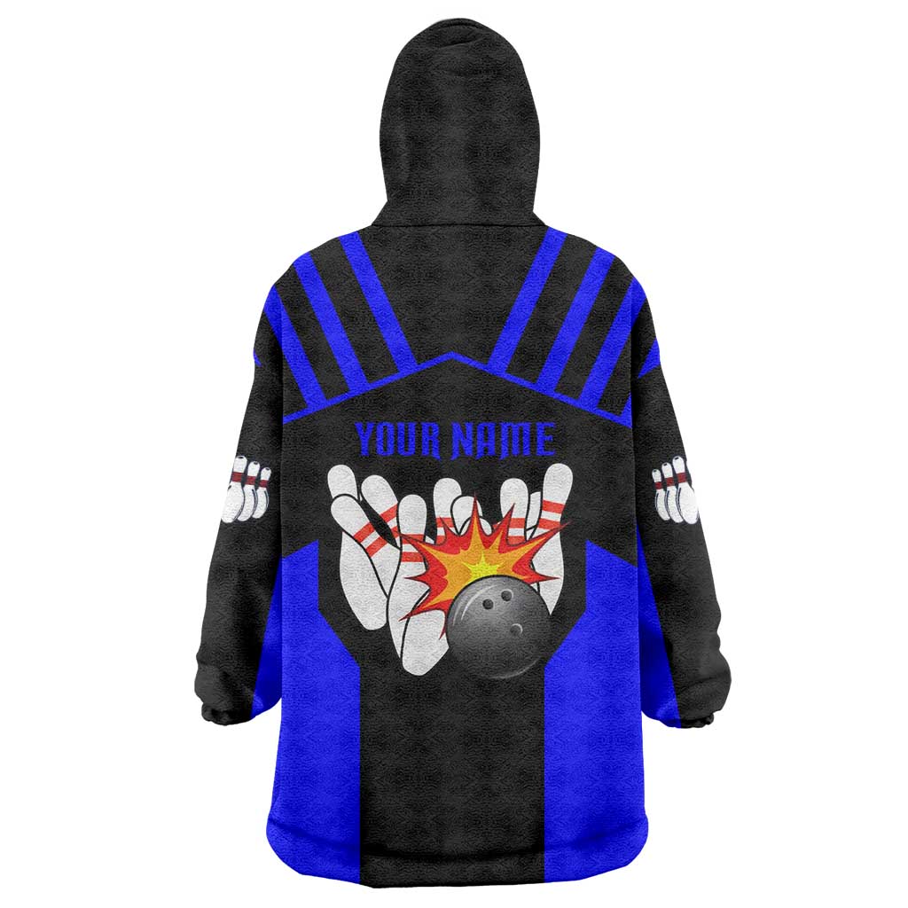 Custom Blue and Black Bowling Wearable Blanket Hoodie with Exploding Strike Design Pin Graphics - Wonder Print Shop
