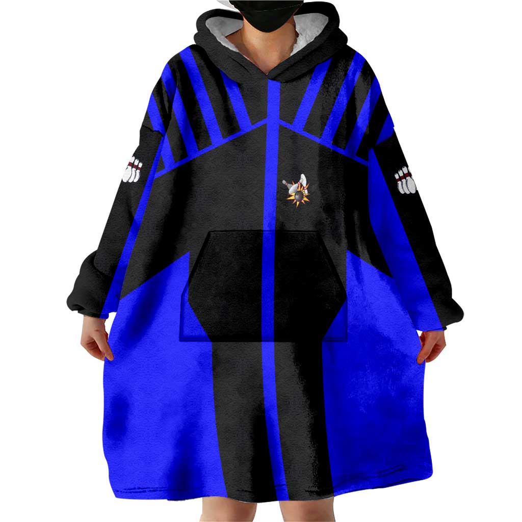 Custom Blue and Black Bowling Wearable Blanket Hoodie with Exploding Strike Design Pin Graphics - Wonder Print Shop