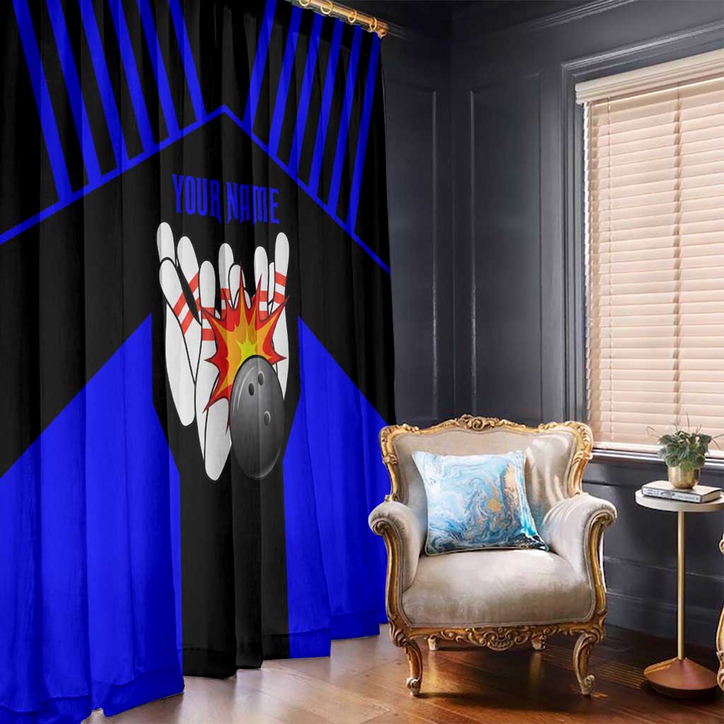 Custom Blue and Black Bowling Window Curtain with Exploding Strike Design Pin Graphics - Wonder Print Shop