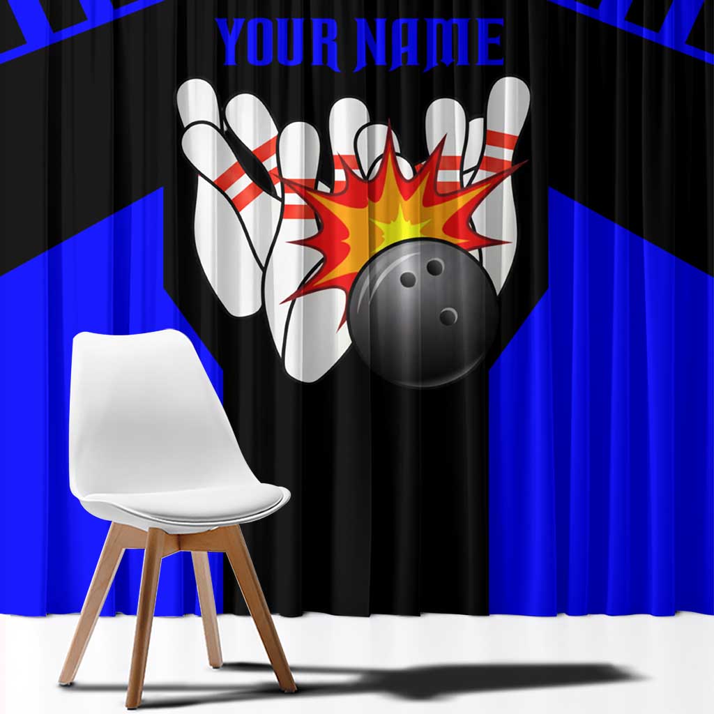 Custom Blue and Black Bowling Window Curtain with Exploding Strike Design Pin Graphics - Wonder Print Shop