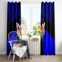Custom Blue and Black Bowling Window Curtain with Exploding Strike Design Pin Graphics - Wonder Print Shop