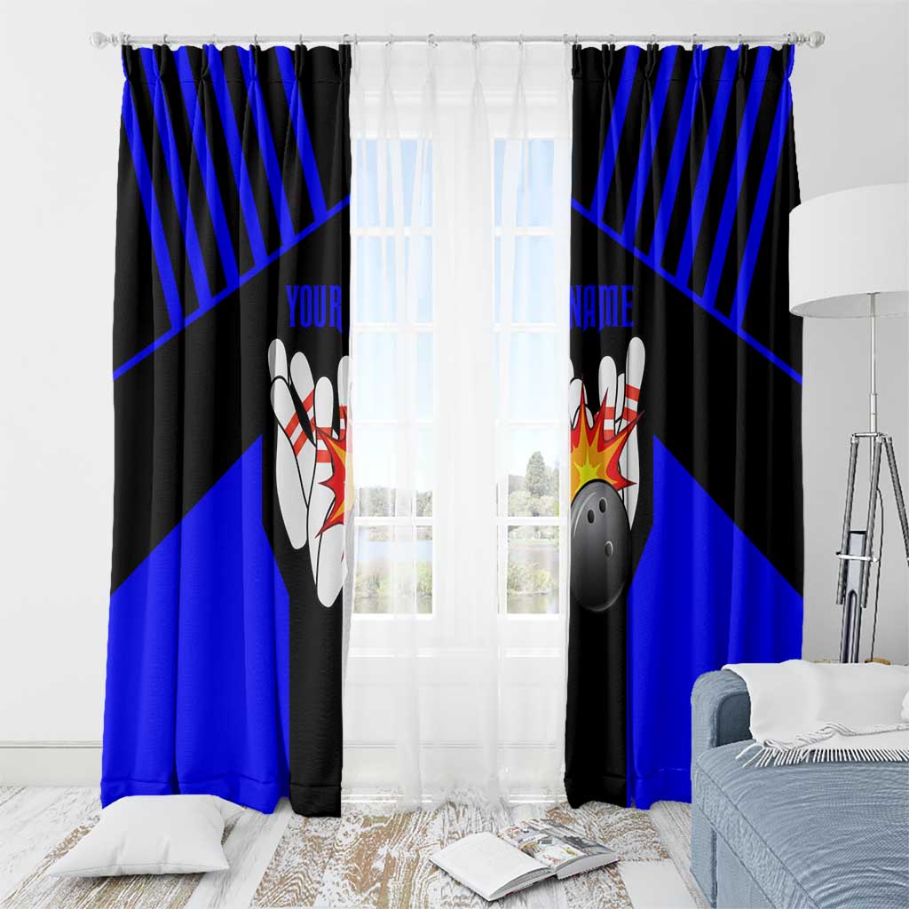 Custom Blue and Black Bowling Window Curtain with Exploding Strike Design Pin Graphics - Wonder Print Shop