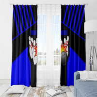 Custom Blue and Black Bowling Window Curtain with Exploding Strike Design Pin Graphics - Wonder Print Shop