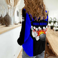 Custom Blue and Black Bowling Women Casual Shirt with Exploding Strike Design Pin Graphics - Wonder Print Shop