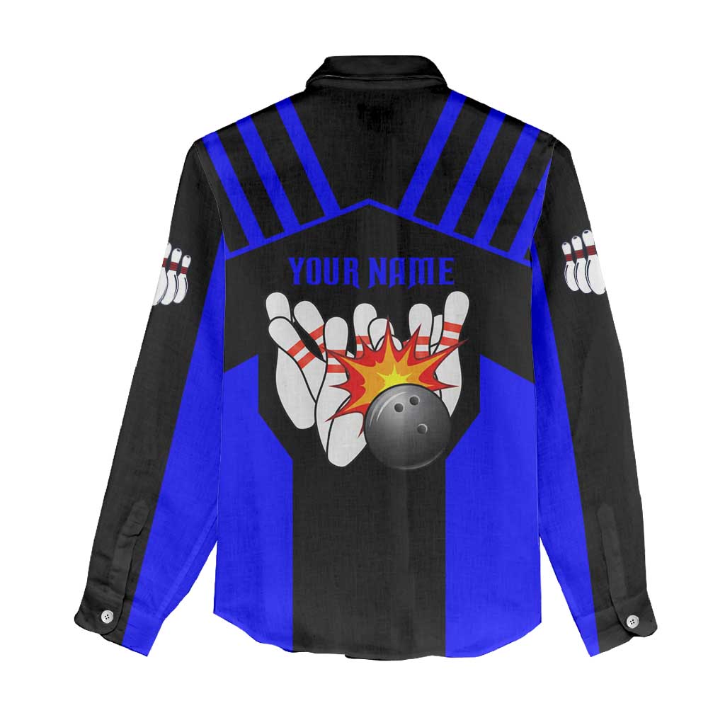 Custom Blue and Black Bowling Women Casual Shirt with Exploding Strike Design Pin Graphics - Wonder Print Shop