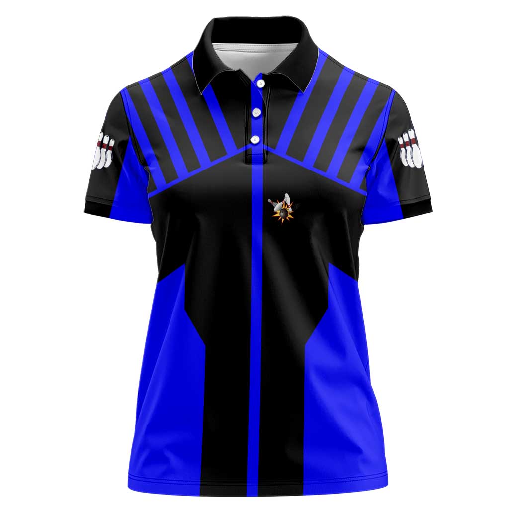 Custom Blue and Black Bowling Women Polo Shirt with Exploding Strike Design Pin Graphics - Wonder Print Shop
