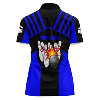 Custom Blue and Black Bowling Women Polo Shirt with Exploding Strike Design Pin Graphics - Wonder Print Shop
