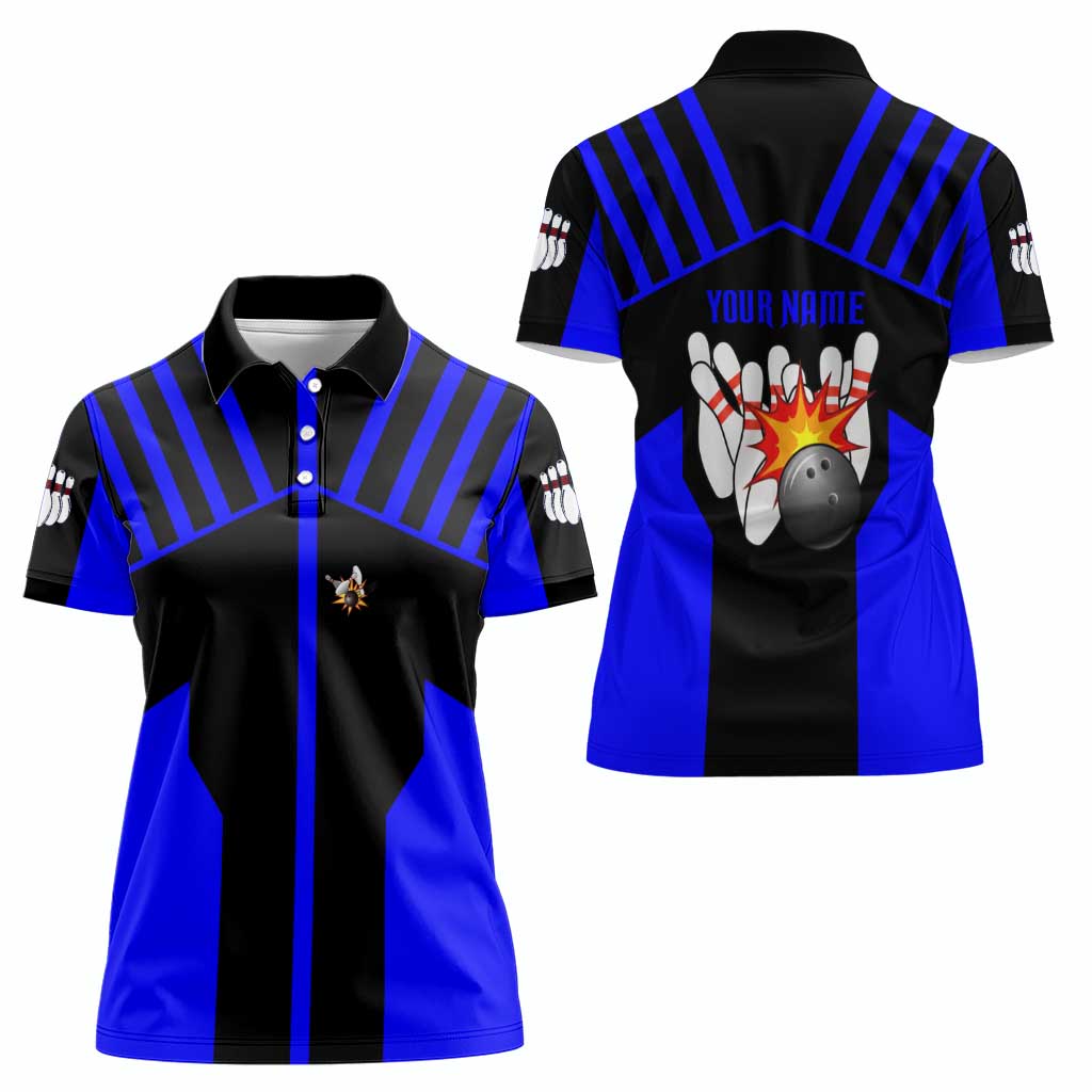 Custom Blue and Black Bowling Women Polo Shirt with Exploding Strike Design Pin Graphics - Wonder Print Shop