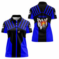 Custom Blue and Black Bowling Women Polo Shirt with Exploding Strike Design Pin Graphics - Wonder Print Shop
