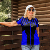 Custom Blue and Black Bowling Women Polo Shirt with Exploding Strike Design Pin Graphics - Wonder Print Shop