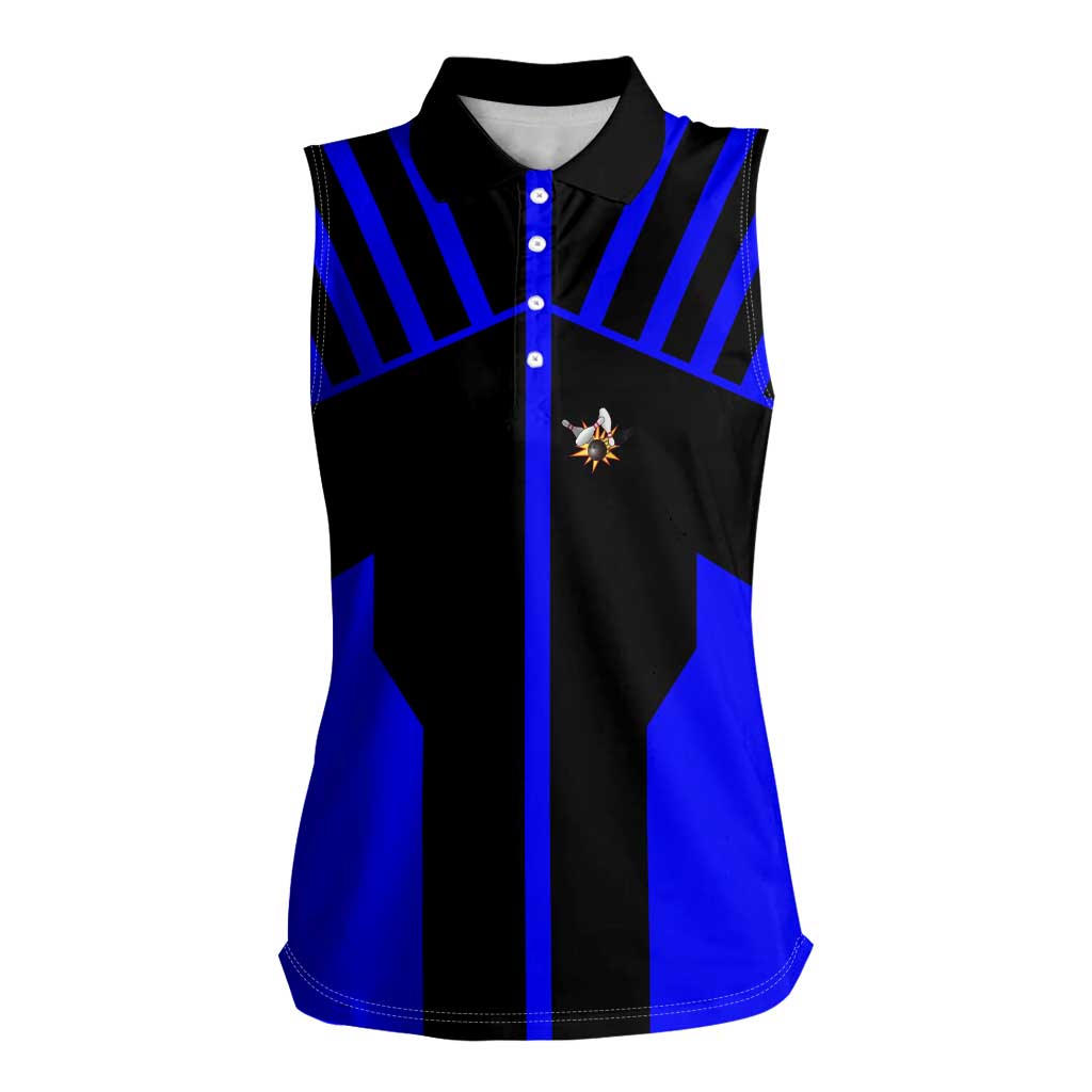 Custom Blue and Black Bowling Women Sleeveless Polo Shirt with Exploding Strike Design Pin Graphics - Wonder Print Shop