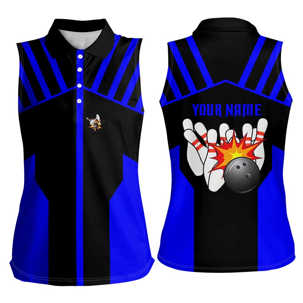 Custom Blue and Black Bowling Women Sleeveless Polo Shirt with Exploding Strike Design Pin Graphics - Wonder Print Shop