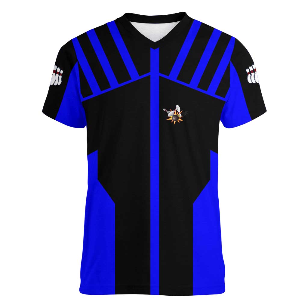 Custom Blue and Black Bowling Women V-Neck T-Shirt with Exploding Strike Design Pin Graphics - Wonder Print Shop