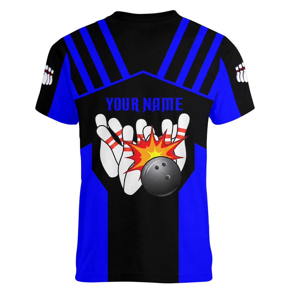 Custom Blue and Black Bowling Women V-Neck T-Shirt with Exploding Strike Design Pin Graphics - Wonder Print Shop