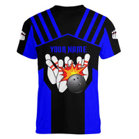 Custom Blue and Black Bowling Women V-Neck T-Shirt with Exploding Strike Design Pin Graphics - Wonder Print Shop