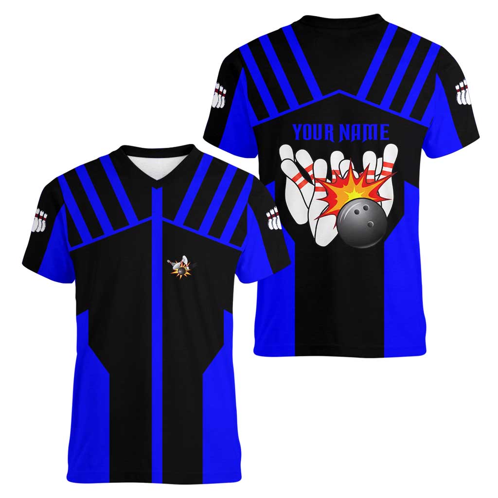 Custom Blue and Black Bowling Women V-Neck T-Shirt with Exploding Strike Design Pin Graphics - Wonder Print Shop