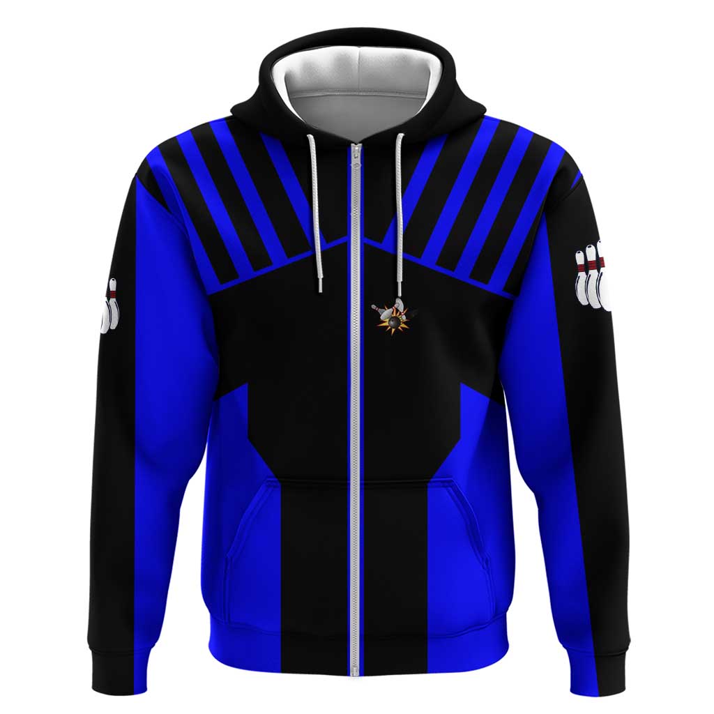 Custom Blue and Black Bowling Zip Hoodie with Exploding Strike Design Pin Graphics - Wonder Print Shop