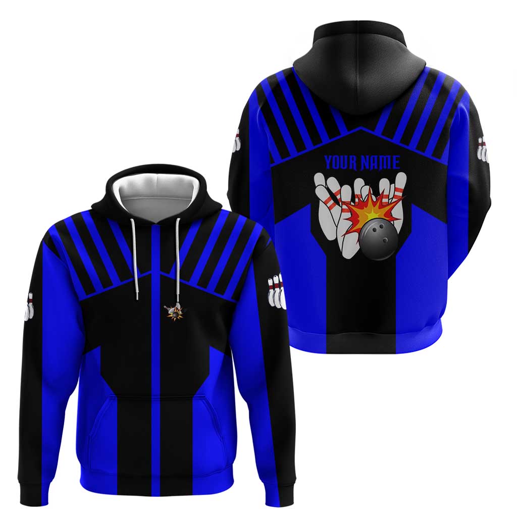 Custom Blue and Black Bowling Zip Hoodie with Exploding Strike Design Pin Graphics - Wonder Print Shop