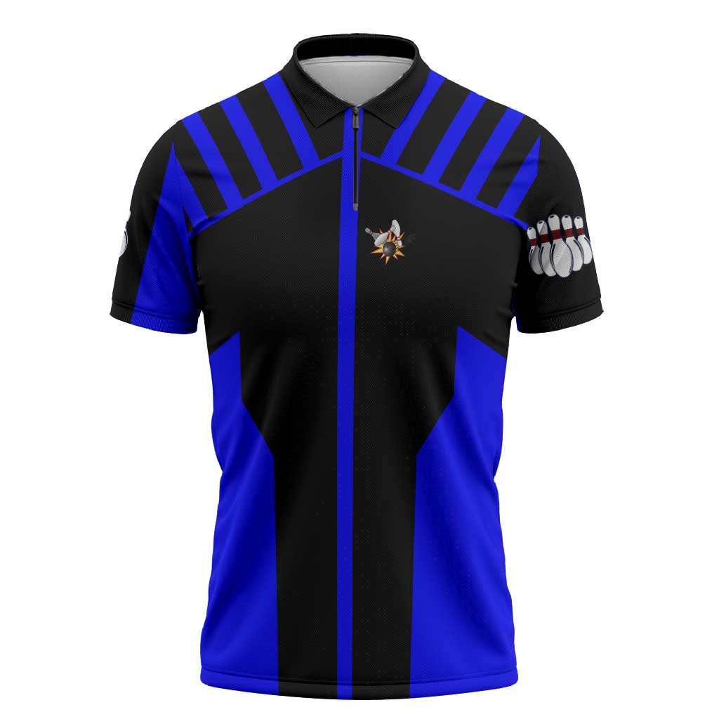 Custom Blue and Black Bowling Zipper Polo Shirt with Exploding Strike Design Pin Graphics - Wonder Print Shop