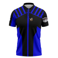 Custom Blue and Black Bowling Zipper Polo Shirt with Exploding Strike Design Pin Graphics - Wonder Print Shop