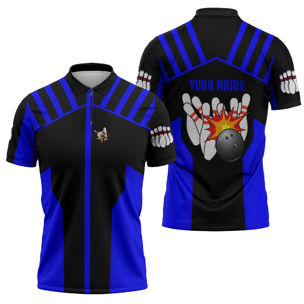 Custom Blue and Black Bowling Zipper Polo Shirt with Exploding Strike Design Pin Graphics - Wonder Print Shop