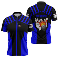 Custom Blue and Black Bowling Zipper Polo Shirt with Exploding Strike Design Pin Graphics - Wonder Print Shop