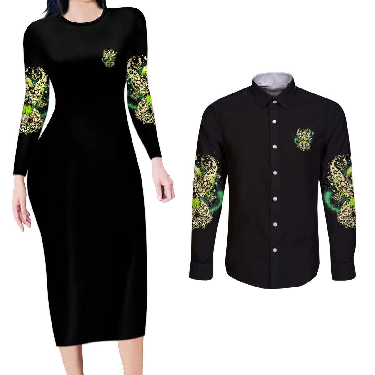 Karma Fairy Skull Couples Matching Long Sleeve Bodycon Dress and Long Sleeve Button Shirt - Wonder Print Shop