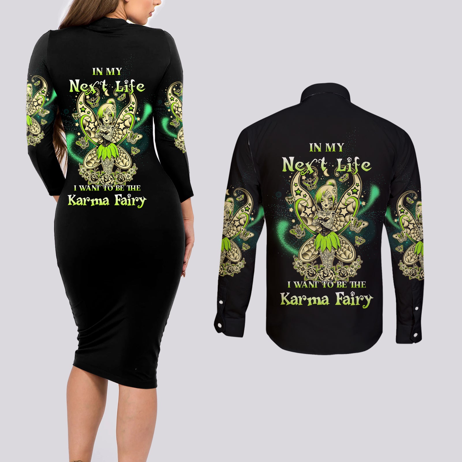 Karma Fairy Skull Couples Matching Long Sleeve Bodycon Dress and Long Sleeve Button Shirt - Wonder Print Shop