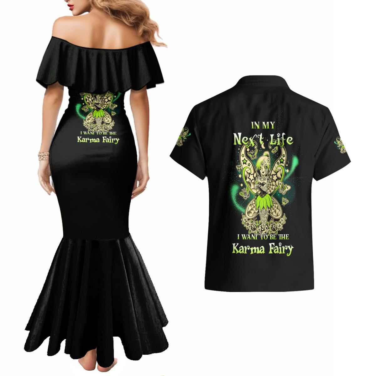 Karma Fairy Skull Couples Matching Mermaid Dress and Hawaiian Shirt - Wonder Print Shop