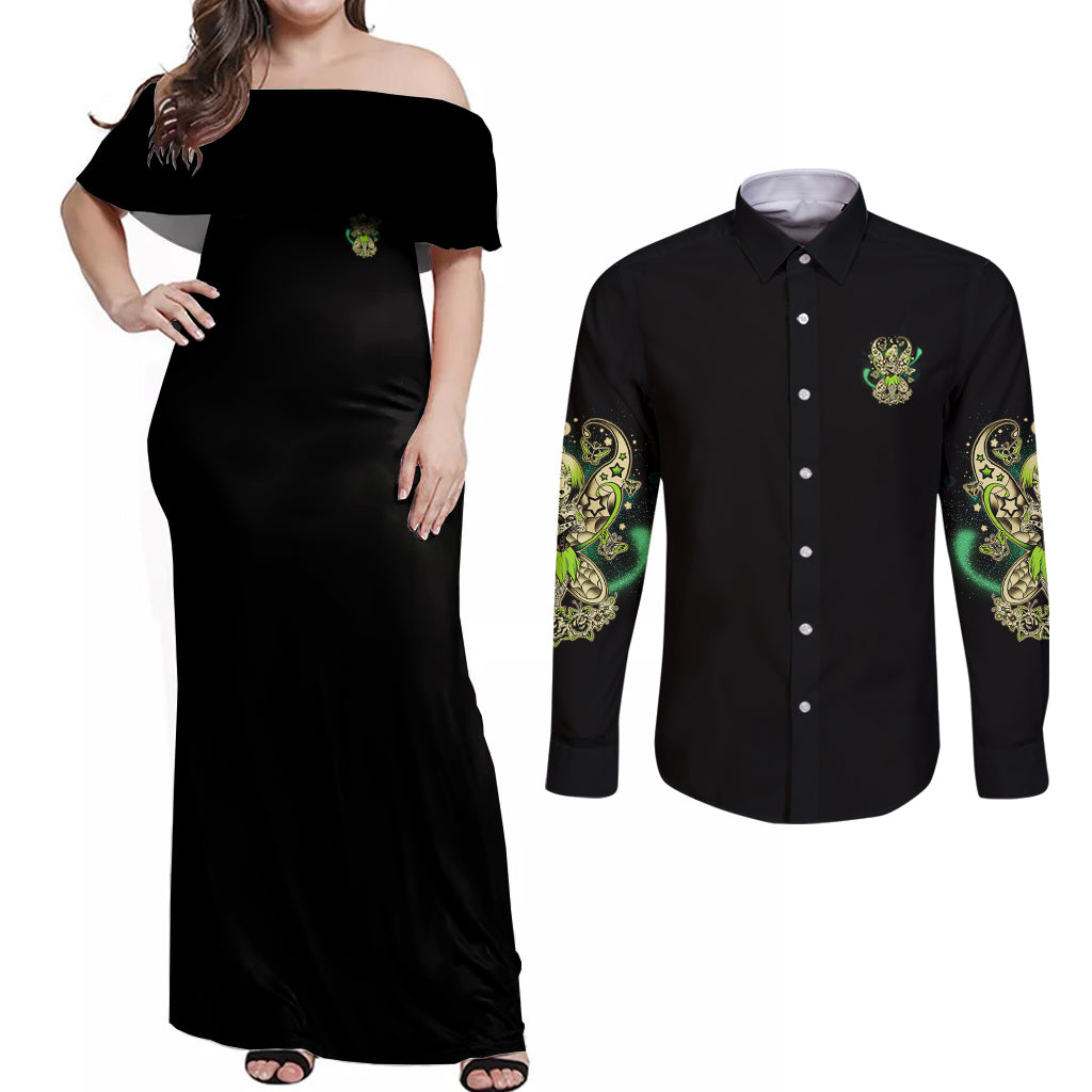Karma Fairy Skull Couples Matching Off Shoulder Maxi Dress and Long Sleeve Button Shirt - Wonder Print Shop