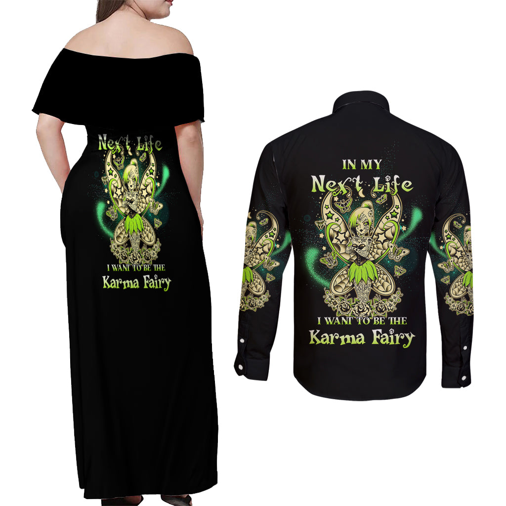 Karma Fairy Skull Couples Matching Off Shoulder Maxi Dress and Long Sleeve Button Shirt - Wonder Print Shop