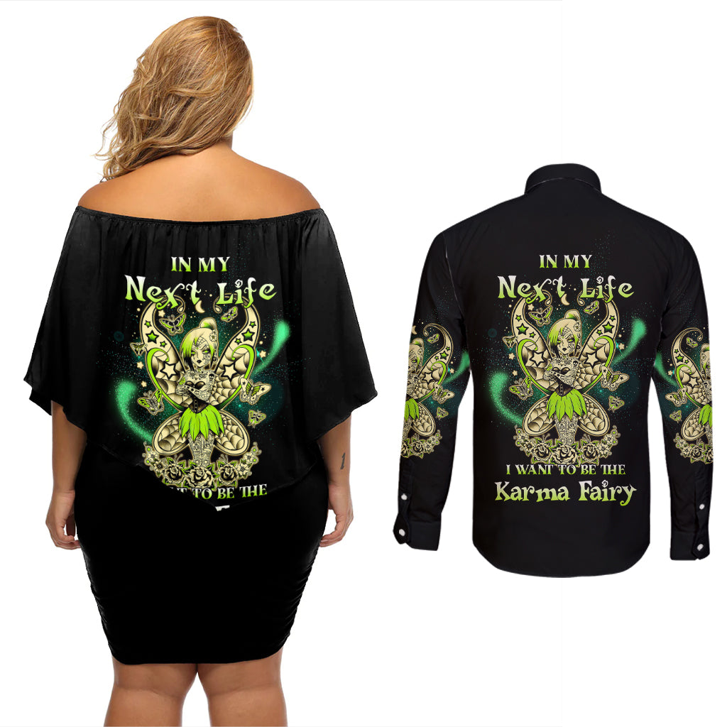 Karma Fairy Skull Couples Matching Off Shoulder Short Dress and Long Sleeve Button Shirt - Wonder Print Shop
