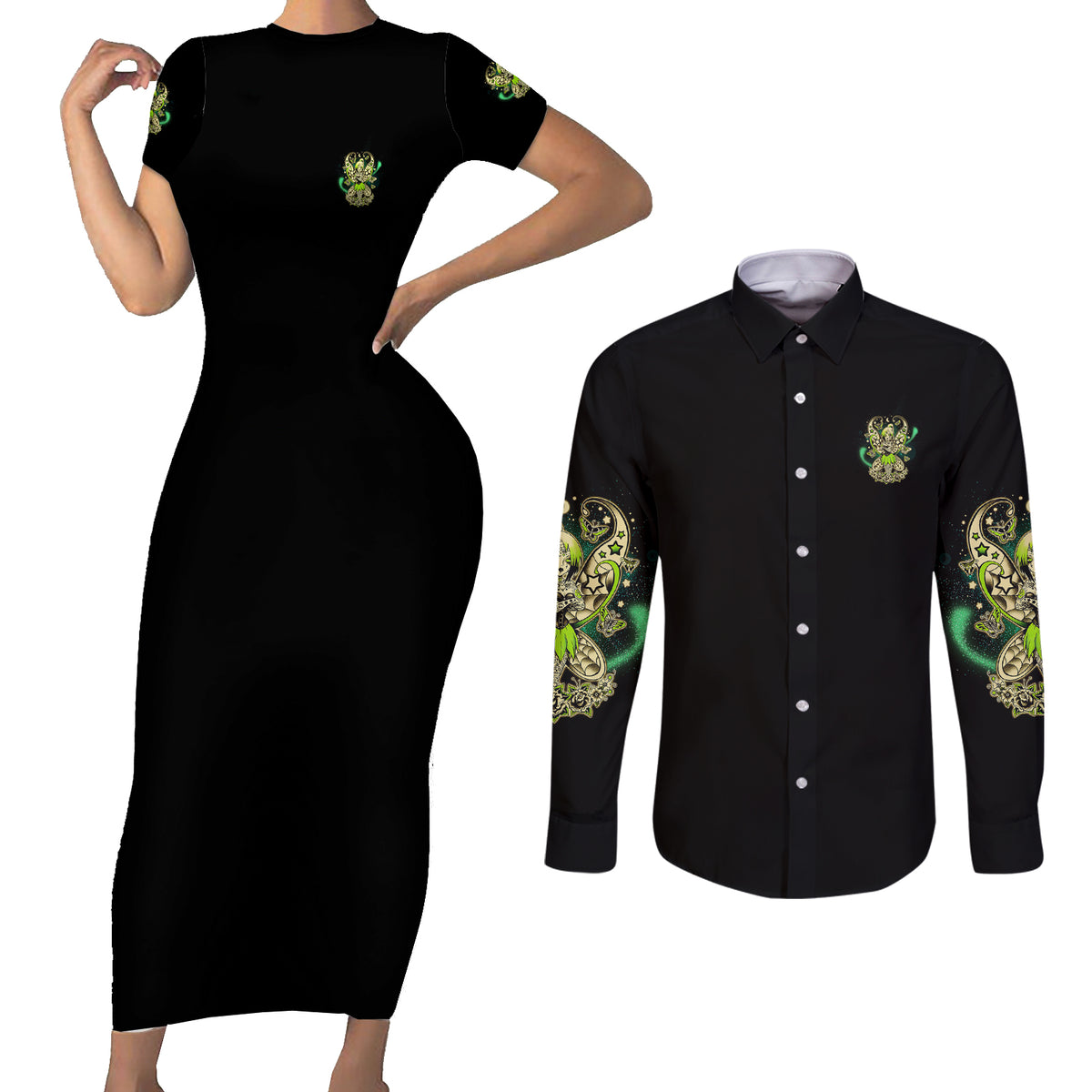 Karma Fairy Skull Couples Matching Short Sleeve Bodycon Dress and Long Sleeve Button Shirt - Wonder Print Shop