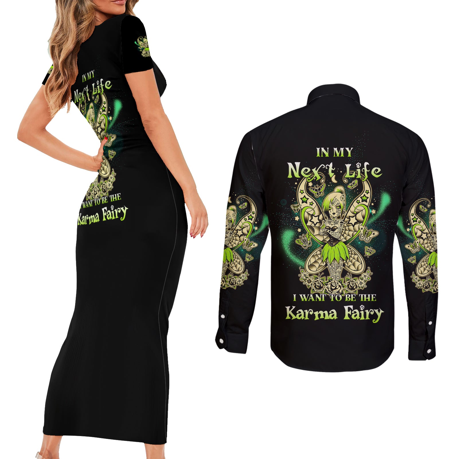 Karma Fairy Skull Couples Matching Short Sleeve Bodycon Dress and Long Sleeve Button Shirt - Wonder Print Shop