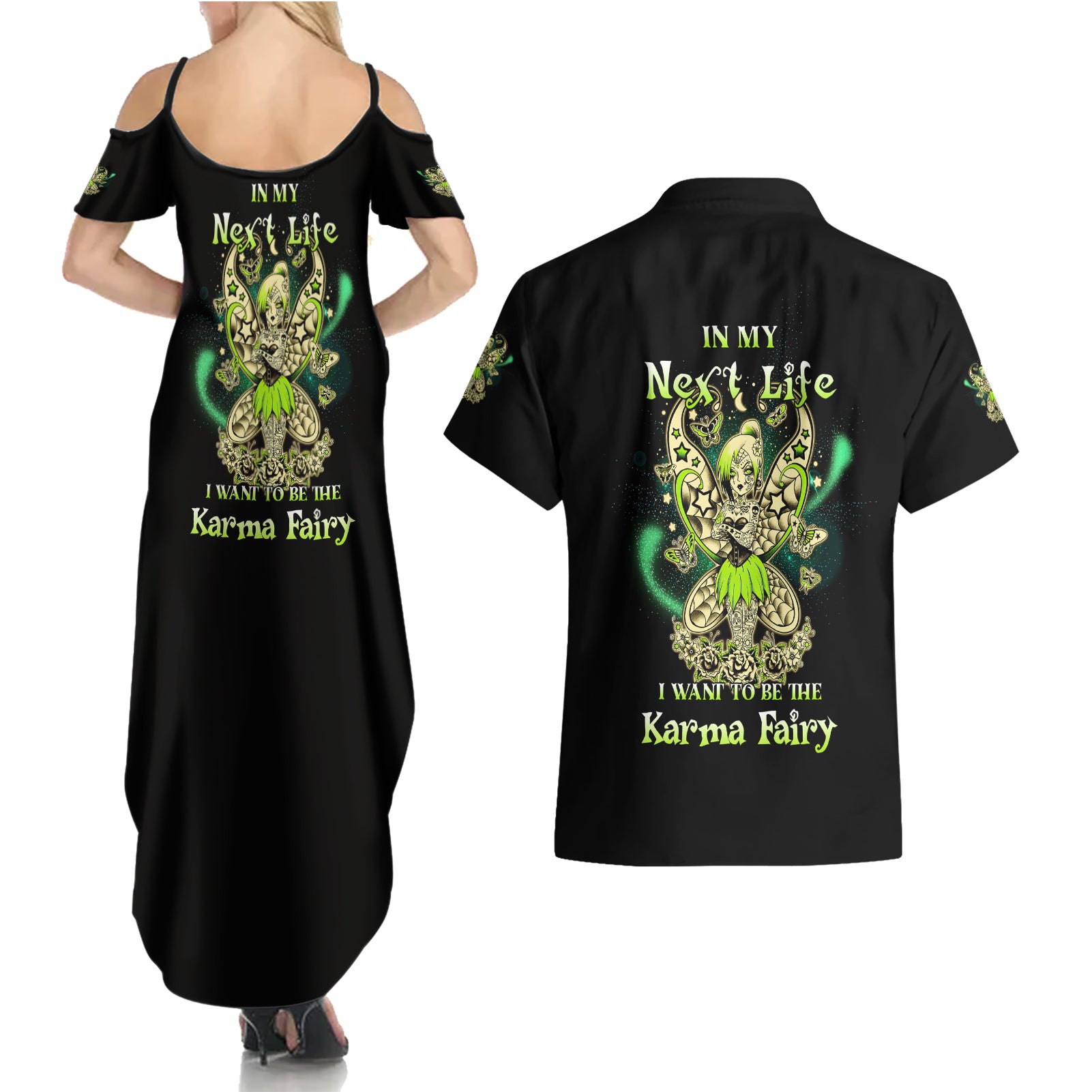 Karma Fairy Skull Couples Matching Summer Maxi Dress and Hawaiian Shirt - Wonder Print Shop