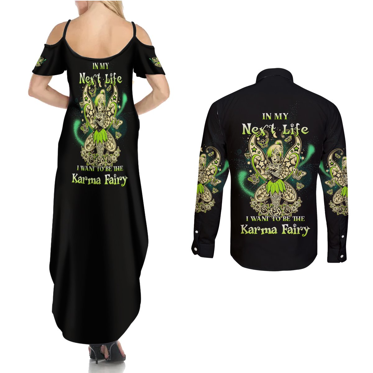 Karma Fairy Skull Couples Matching Summer Maxi Dress and Long Sleeve Button Shirt - Wonder Print Shop