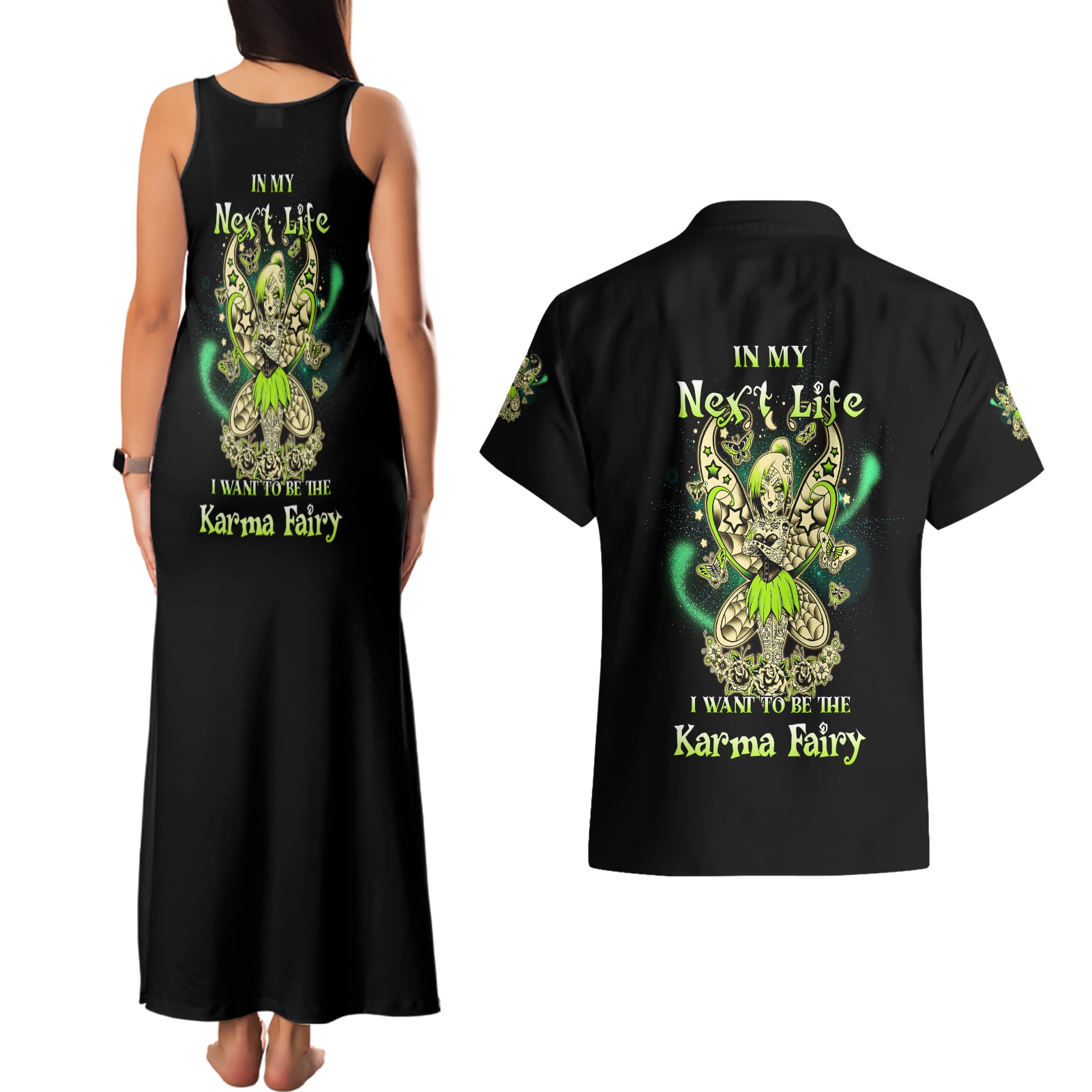 Karma Fairy Skull Couples Matching Tank Maxi Dress and Hawaiian Shirt - Wonder Print Shop
