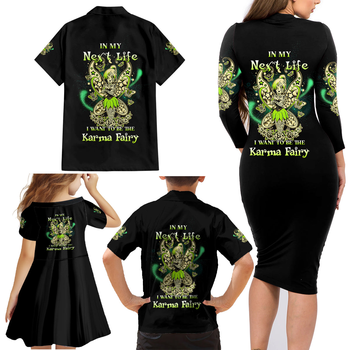 Karma Fairy Skull Family Matching Long Sleeve Bodycon Dress and Hawaiian Shirt - Wonder Print Shop