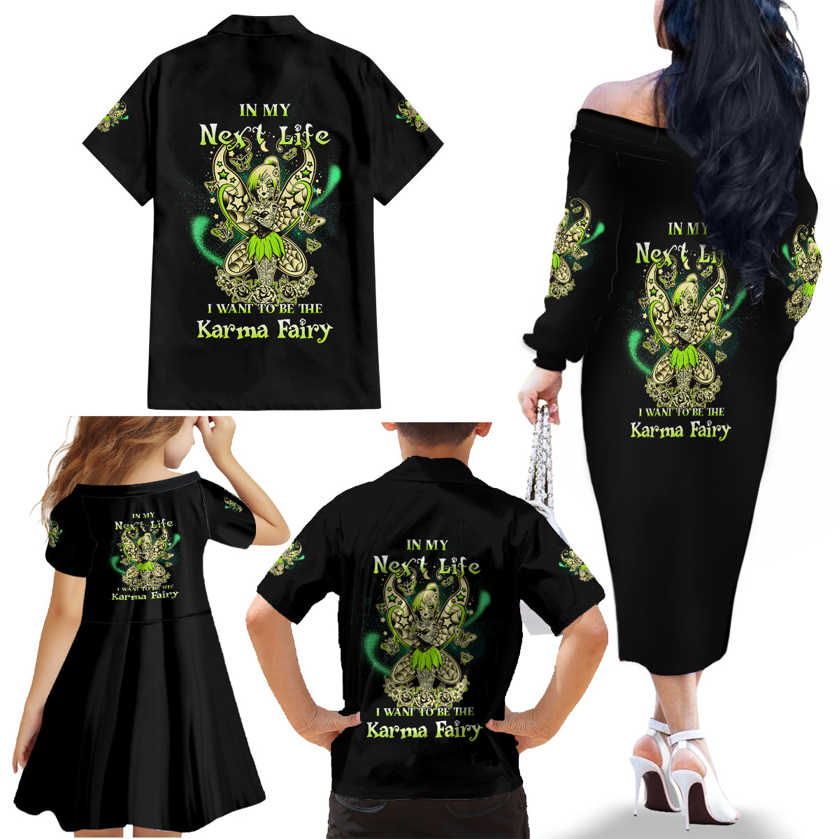 Karma Fairy Skull Family Matching Off Shoulder Long Sleeve Dress and Hawaiian Shirt - Wonder Print Shop