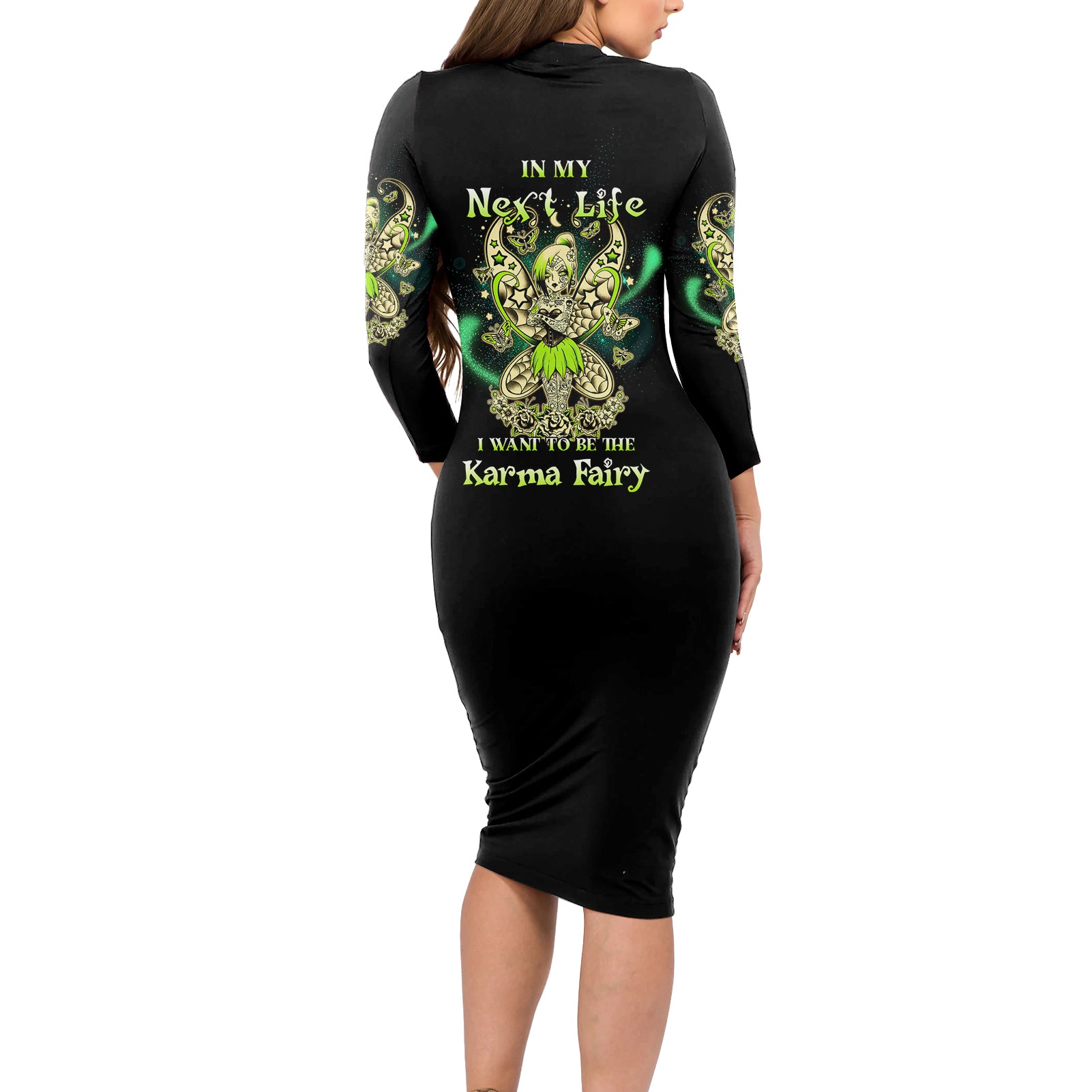 Karma Fairy Skull Long Sleeve Bodycon Dress - Wonder Print Shop