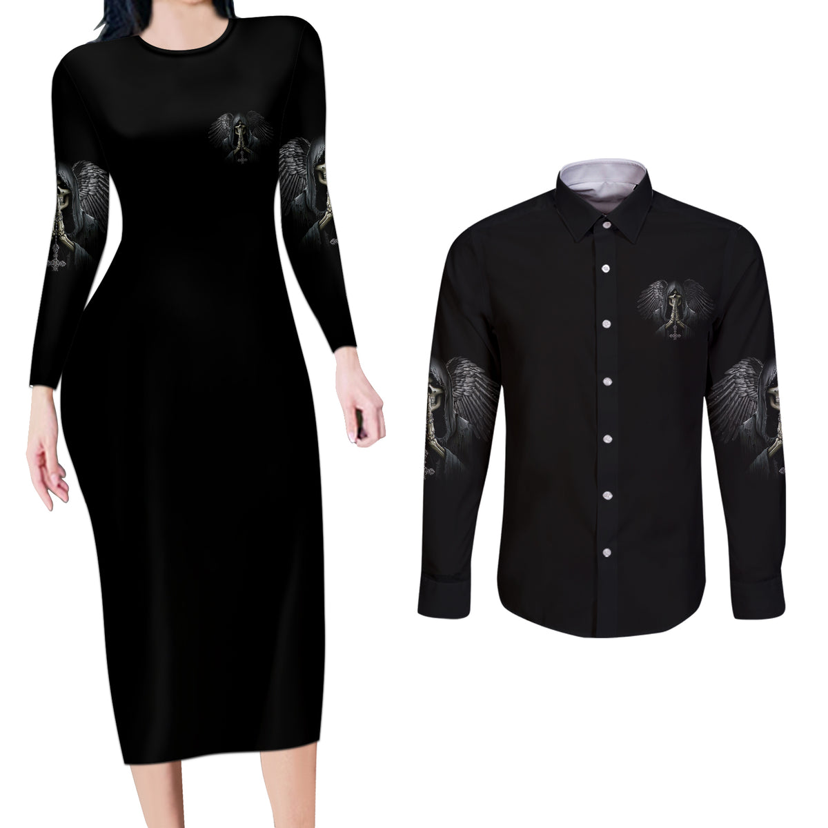 I Hate It When The Voices In My Head Skull Couples Matching Long Sleeve Bodycon Dress and Long Sleeve Button Shirt - Wonder Print Shop