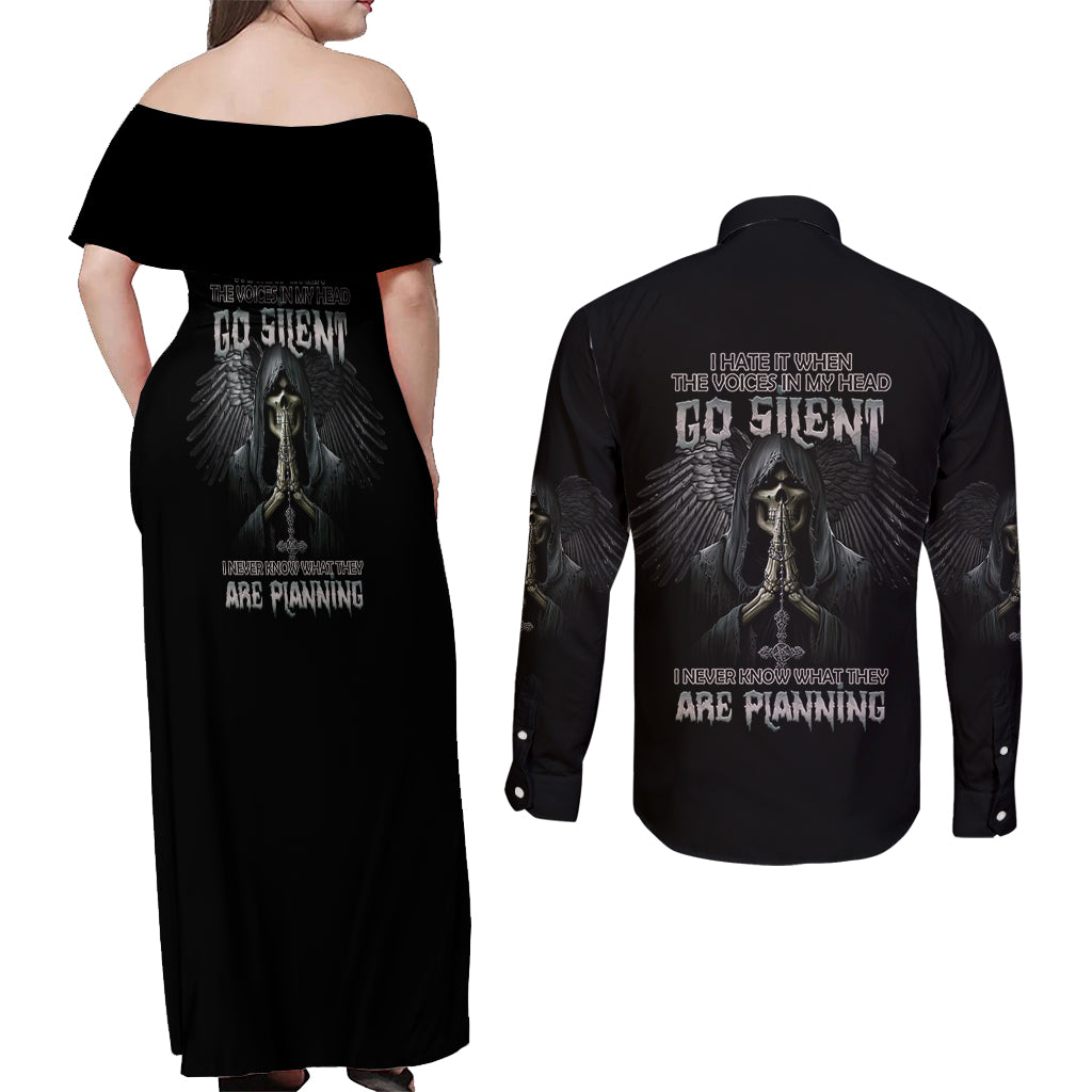 I Hate It When The Voices In My Head Skull Couples Matching Off Shoulder Maxi Dress and Long Sleeve Button Shirt - Wonder Print Shop