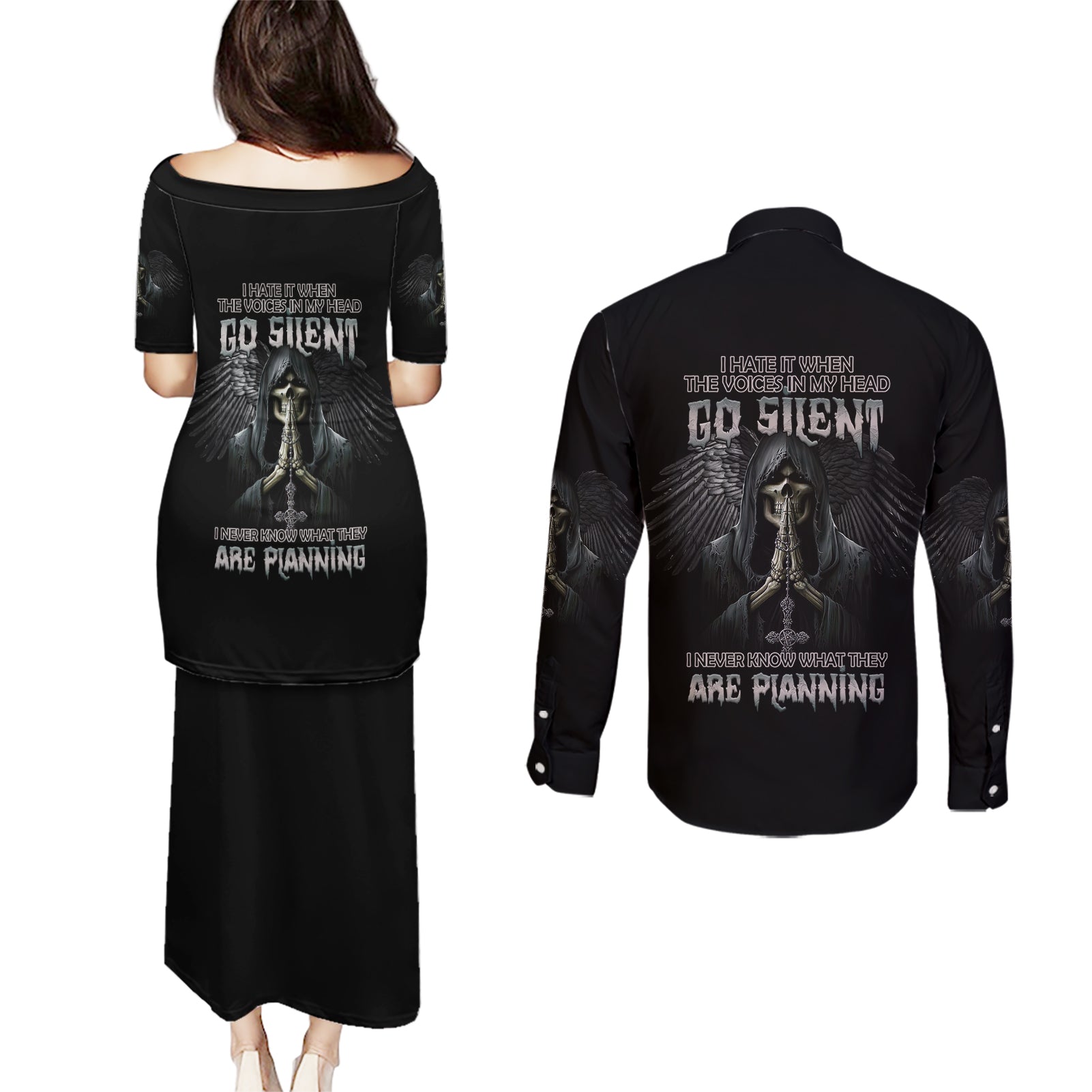 I Hate It When The Voices In My Head Skull Couples Matching Puletasi Dress and Long Sleeve Button Shirt - Wonder Print Shop