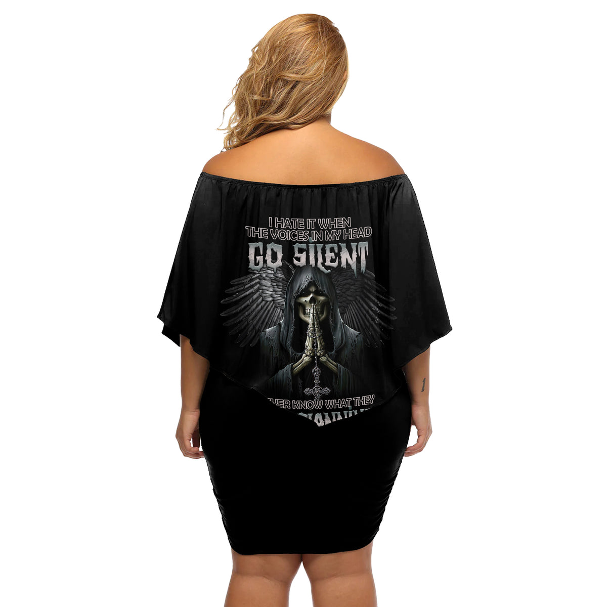 I Hate It When The Voices In My Head Skull Off Shoulder Short Dress - Wonder Print Shop