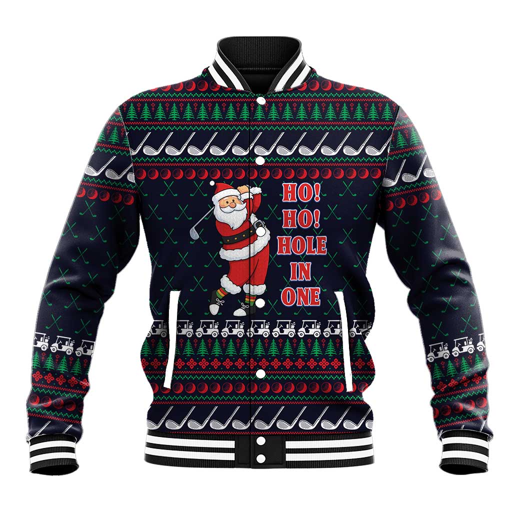 Santa Hole in One Christmas Baseball Jacket with Golf Clubs and Festive Pattern - Wonder Print Shop