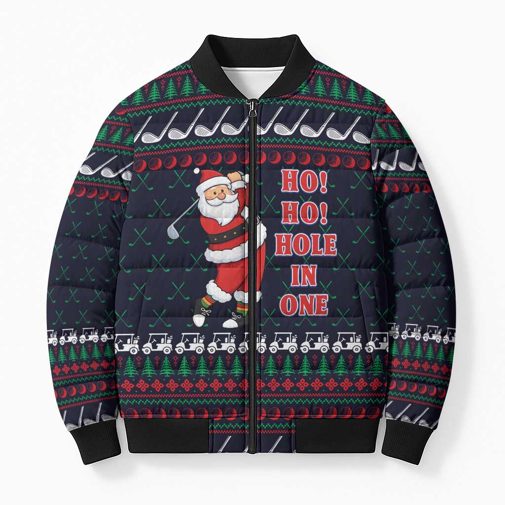 Santa Hole in One Christmas Bomber Puffer Jacket with Golf Clubs and Festive Pattern - Wonder Print Shop