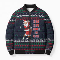 Santa Hole in One Christmas Bomber Puffer Jacket with Golf Clubs and Festive Pattern - Wonder Print Shop