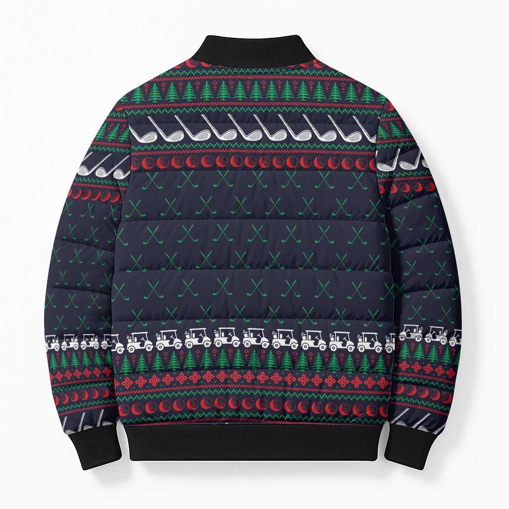 Santa Hole in One Christmas Bomber Puffer Jacket with Golf Clubs and Festive Pattern - Wonder Print Shop
